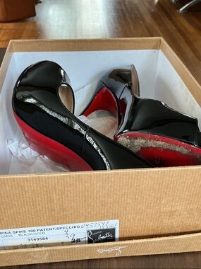 Christian Louboutin Black Patent Spike Platform Pumps with Red Soles